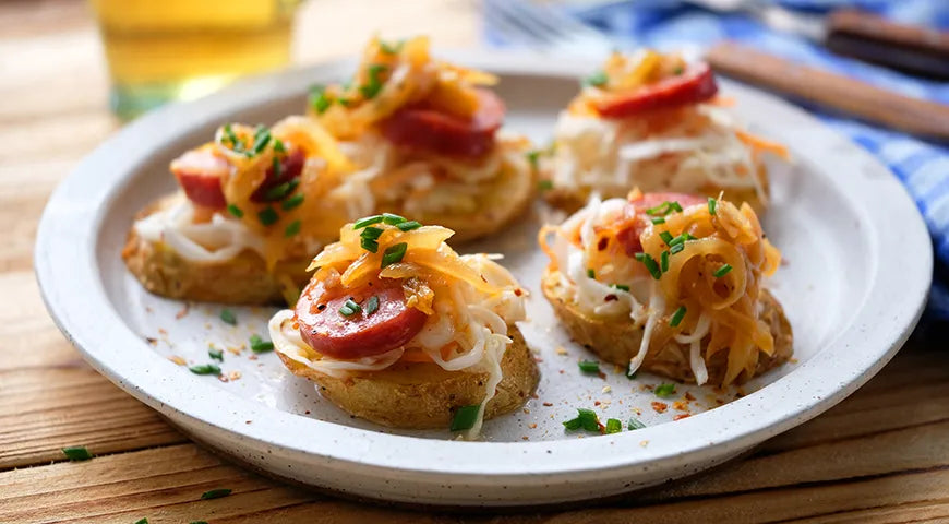 Baked Potato Bruschetta with Grilled Sausages and Sauerkraut - wilfosbrand.com