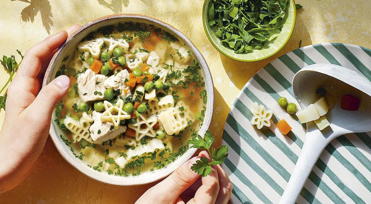 Chicken and Shaped Pasta Soup with Green Peas - wilfosbrand.com
