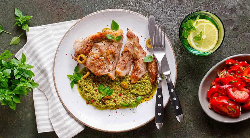 Pan-Seared Pork Chops with Olive and Basil Sauce - wilfosbrand.com