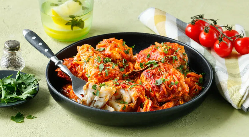 Skillet-Braised Pollock with Carrots and Onions in Tomato Sauce - wilfosbrand.com