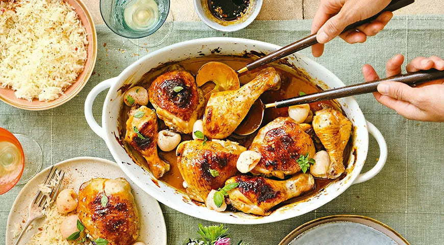 Baked Chicken Legs and Thighs in Lychee Glaze - wilfosbrand.com