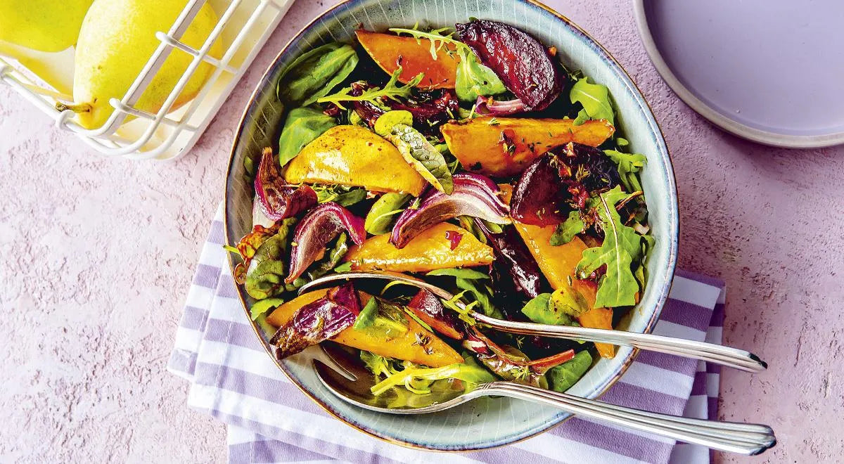 Warm Roasted Pear and Beetroot Salad with Caramelized Red Onion - wilfosbrand.com