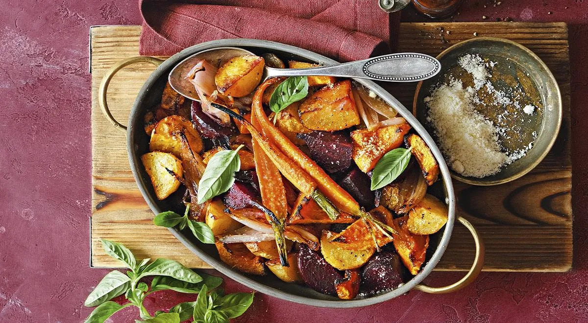 Roasted Potatoes and Vegetables with Parmesan and Basil - wilfosbrand.com