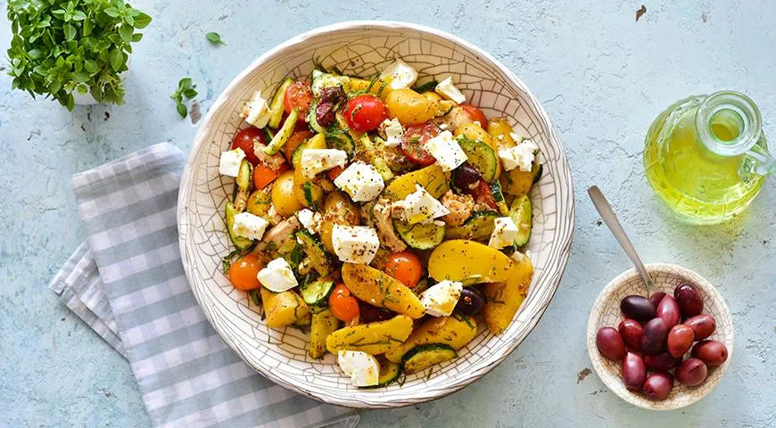 Greek Salad with Young Potatoes and Chicken - wilfosbrand.com