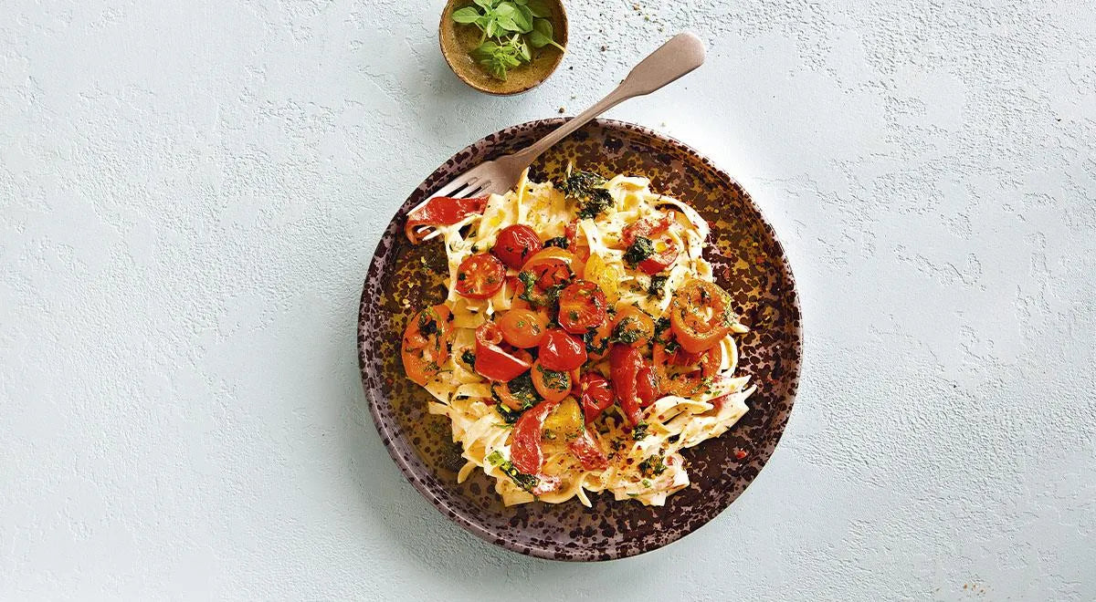 Pasta with Roasted Vegetables and Creamy Cheese Sauce - wilfosbrand.com