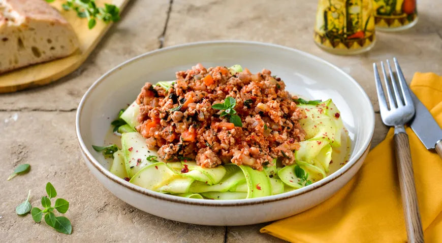 Tender Zucchini Ribbons with Savory Pork Ragù - wilfosbrand.com