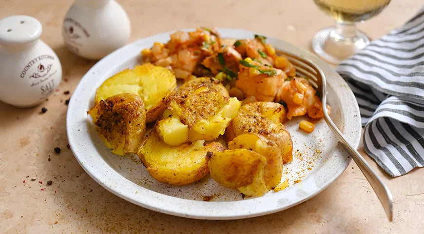 Roasted Smashed Potatoes with Garlic and Spiced Salt - wilfosbrand.com