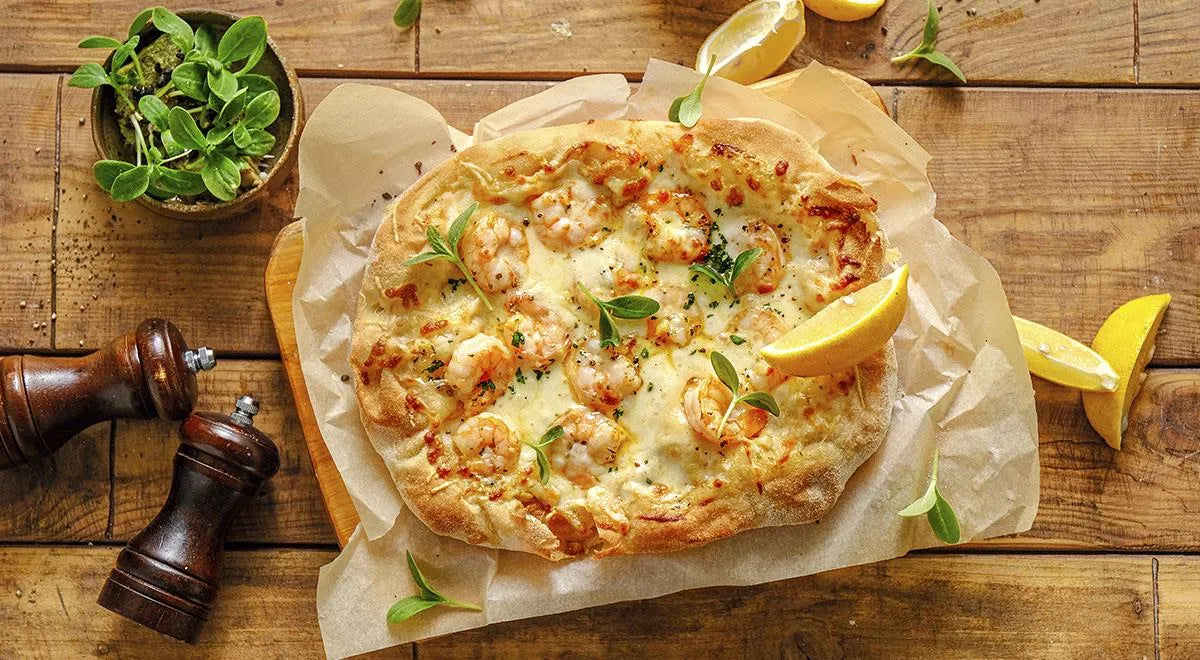 Garlic Shrimp Pizza (Pizza with Shrimp, Cream, Cheese, Garlic, and Herbs) - wilfosbrand.com