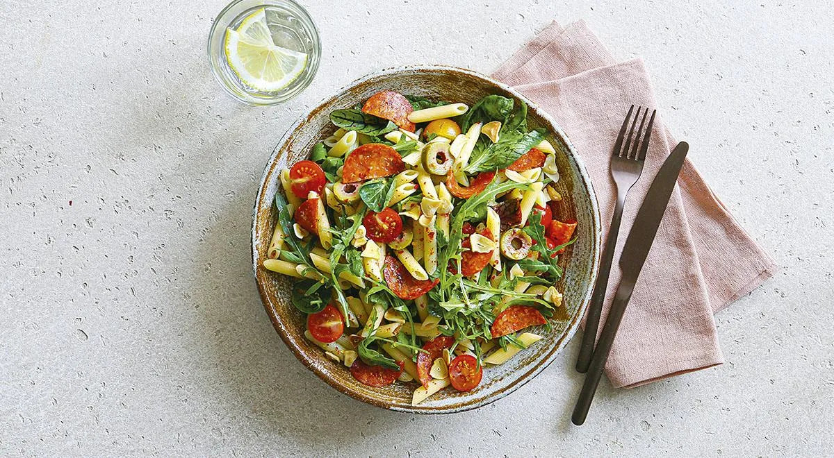 Salami Salad with Roasted Cherry Tomatoes and Spicy Ajika Dressing - wilfosbrand.com