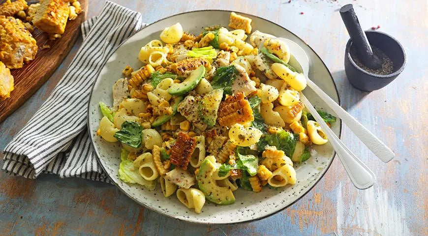 Pesto Chicken Pasta Salad with Roasted Corn and Avocado - wilfosbrand.com