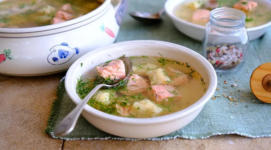 Russian Salmon Soup with Potato Dumplings (Ukha) - wilfosbrand.com