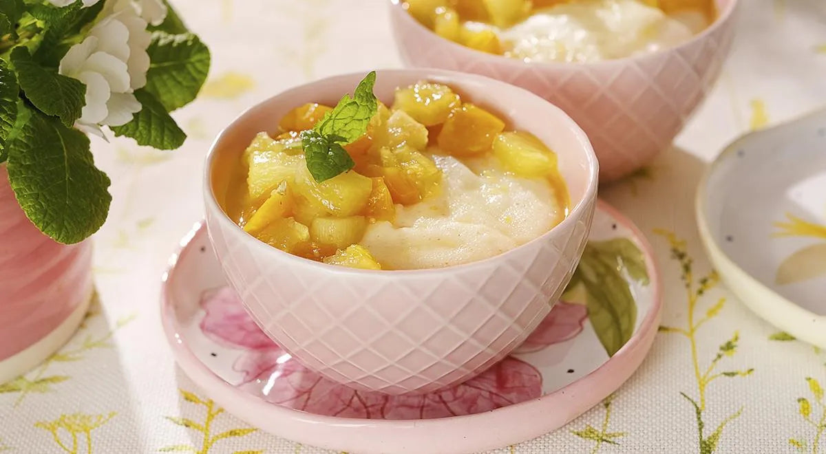 Coconut Semolina Porridge with Caramelized Pineapple and Physalis - wilfosbrand.com