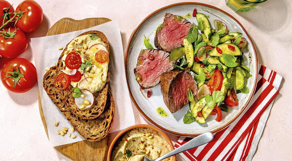 Beef Tenderloin Steak with Summer Salad and Eggplant Spread Sandwiches - wilfosbrand.com