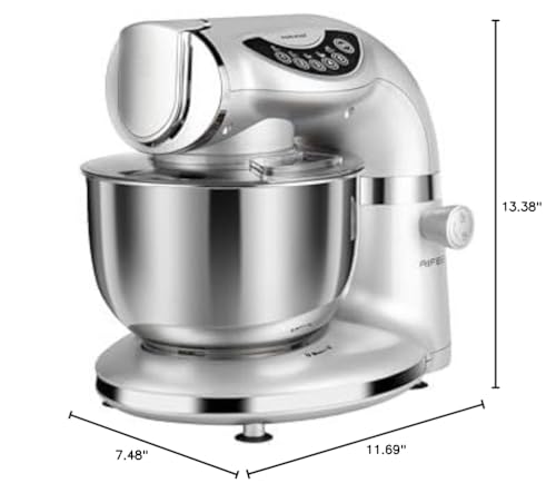 Mikser stojący Aifeel, 8,5QT + 6QT Dwie miski ze stali nierdzewnej Elektryczny mikser do żywności, 7 w 1 Wielofunkcyjny mikser kuchenny z hakiem do ciasta, trzepaczką, ubijaczką, maszynką do mięsa, maszynką do makaronu i ciastek - srebrny