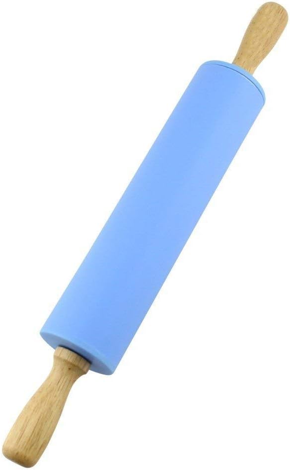 Silicone Rolling Pin Non Stick Surface Wooden Handle (Blue)