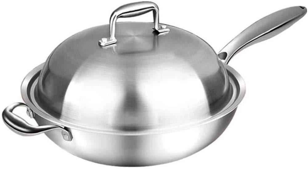 Wok With Lid, Professional 3-Ply Stainless Steel Chef's Pan with Lid,Fume-free Wok,suitable for Electric, Ceramic, Halogen, Gas and Induction Hobs, 32cm