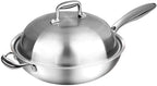 Wok With Lid, Professional 3-Ply Stainless Steel Chef's Pan with Lid,Fume-free Wok,suitable for Electric, Ceramic, Halogen, Gas and Induction Hobs, 32cm