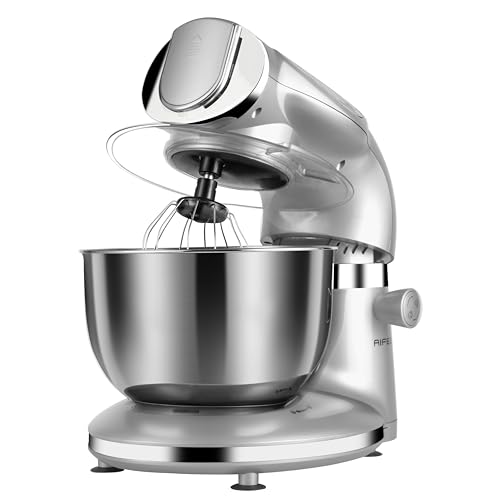 Mikser stojący Aifeel, 8,5QT + 6QT Dwie miski ze stali nierdzewnej Elektryczny mikser do żywności, 7 w 1 Wielofunkcyjny mikser kuchenny z hakiem do ciasta, trzepaczką, ubijaczką, maszynką do mięsa, maszynką do makaronu i ciastek - srebrny