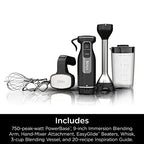Mikser ręczny Ninja, blender ręczny, system miksera Foodi Power Mixer, 750-watowy szczytowy ręczny blender do emulsji i elektryczny mikser ręczny Combo z trzepaczką, ubijaczkami i 3-filiżankowym pojemnikiem do mieszania, 120 woltów, czarny CI101
