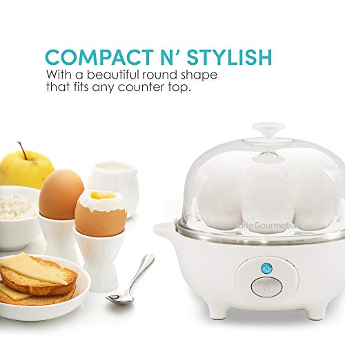 Elite Gourmet EGC-007## Швидковарна яєчня, 7 легко очищуваних, зварених твердих, середніх та некрутих яєць, браконьер, омлетниця, автоматичне вимкнення, сигналізація, буклет із 16 рецептами, білий колір
