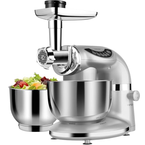 Mikser stojący Aifeel, 8,5QT + 6QT Dwie miski ze stali nierdzewnej Elektryczny mikser do żywności, 7 w 1 Wielofunkcyjny mikser kuchenny z hakiem do ciasta, trzepaczką, ubijaczką, maszynką do mięsa, maszynką do makaronu i ciastek - srebrny