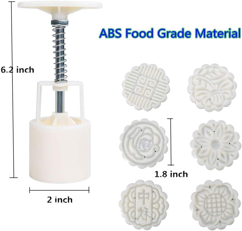 Moon Cake Mold 6 PCS, Mid Autumn Festival DIY Hand Press Cookie Stamps Pastry Tool Moon Cake Maker, Flower Mode Patterns 1 Mold 6 Stamps 50g (White).