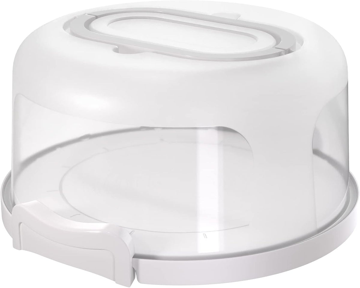 Top Shelf Elements Round Cake Carrier Two Sided Cake Holder Serves as Five Section Serving Tray, Portable Cake Stand Fits 10 inch Cake, Cake Box Comes With Handle, Cake Container Holds Pies (White)