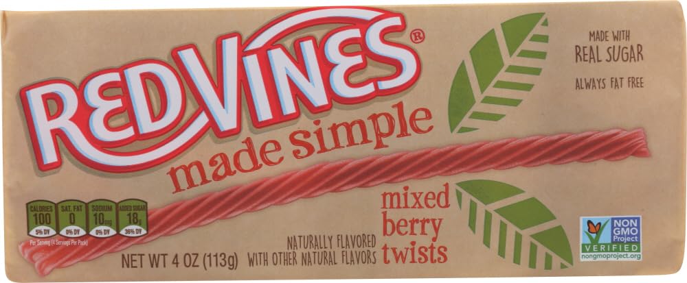 Red Vines Made Simple Licorice, Mixed Berry Flavored Twists, 4oz Tray (12 Pack), Soft & Chewy Candy, Assorted (50204)