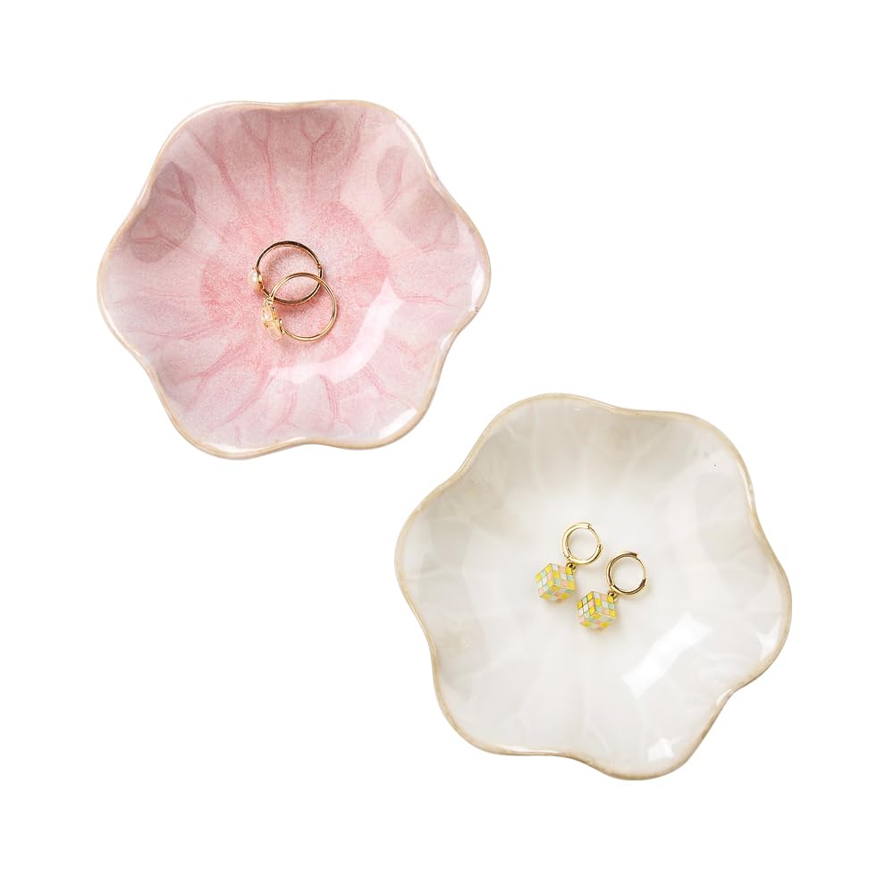 Lotus Leaf Shape Ring Holder Dish, Small Key Bowl, Ceramic Trinket Tray Jewelry Dish Organizing Necklace Earrings for Mom Friend Sister, White. All Jewelries Are NOT Included.