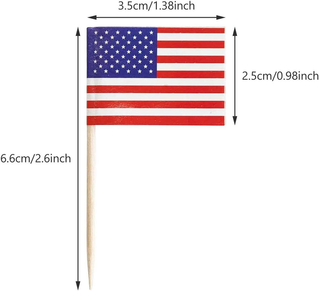 100 Pack USA American Flag US Toothpick Flags, Cocktail Picks Mini Stick Cupcake Toppers Country Picks Party Decoration Celebration Cocktail Food Bar Cake Flags (American)