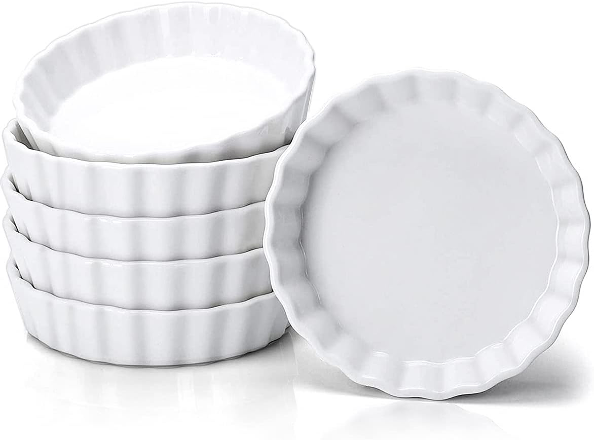 8 Oz Creme Brulee Ramekins, Porcelain Ramekins Oven Safe, Round Tart Pan Mini Fluted Quiche Dishes, Set of 6, White