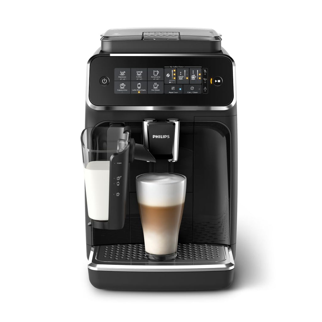 Ekspres do kawy w pełni automatyczny PHILIPS serii 3200 — 5 pysznych kaw, system mleka LatteGo, trwałe młynki ceramiczne, intuicyjny wyświetlacz dotykowy, błyszcząca czerń (EP3241/54)