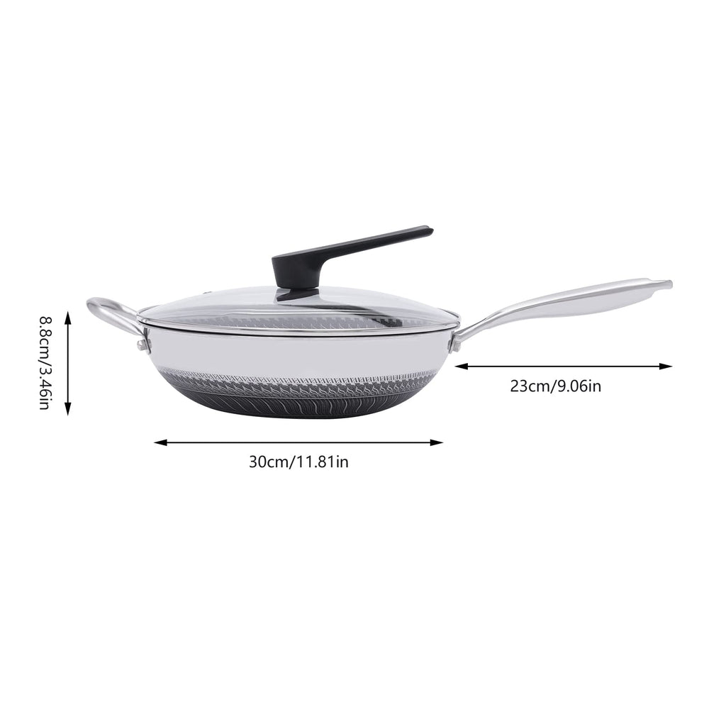 12-calowa patelnia wok ze stali nierdzewnej z pokrywką, powłoka plastra miodu, woki i patelnie do smażenia, nieprzywierający wok, zestaw indukcyjny, chiński wok, bez powłoki chemicznej, do indukcji, elektryczności, gazu, halogenu