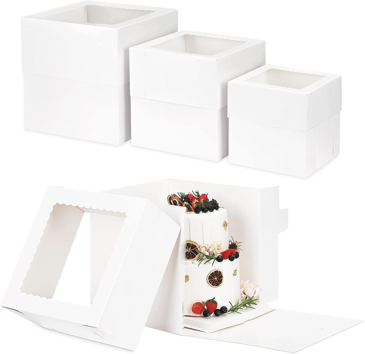 Moretoes 12 Pcs Cake Box, Tall Cake Boxes with Window in 3 Sizes 12x12x12 10x10x10 8x8x8 Inches, Bakery Boxes Disposable Carrier Take Out Container, 2 or 3 Tier for Valentine's Day Mother's Day