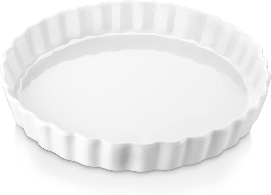 LOVECASA Porcelain Quiche Baking Dish,10 Inch Reusable Pie Pan Quiche Pan, Non-Stick Round Pie Dish, Tart Pan with Ruffled Edge,Pie Pan for Pies | Microwave,Dishwasher,and Oven Safe (White)