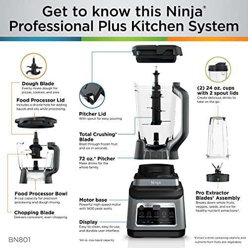 Професійна кухонна система Ninja BN801 Plus, 1400 Вт, 5 функцій для смузі, подрібнення, тіста та багато іншого з Auto IQ, глечик блендера об'ємом 72 унції*, чаша процесора об'ємом 64 унції, (2) стаканчики на винос об'ємом 24 унції, сірий