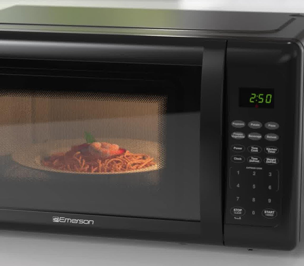 Компактна настільна мікрохвильова піч Emerson MW7302B із сенсорним керуванням, світлодіодним дисплеєм, 700 Вт, 10 рівнів потужності, 6 автоматичних меню, скляним поворотним столом та блокуванням від дітей, 0,7 куб. фута, чорного кольору