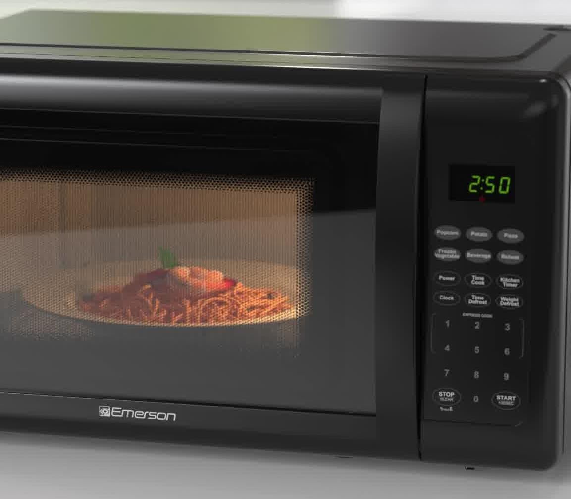 Компактна настільна мікрохвильова піч Emerson MW7302B із сенсорним керуванням, світлодіодним дисплеєм, 700 Вт, 10 рівнів потужності, 6 автоматичних меню, скляним поворотним столом та блокуванням від дітей, 0,7 куб. фута, чорного кольору