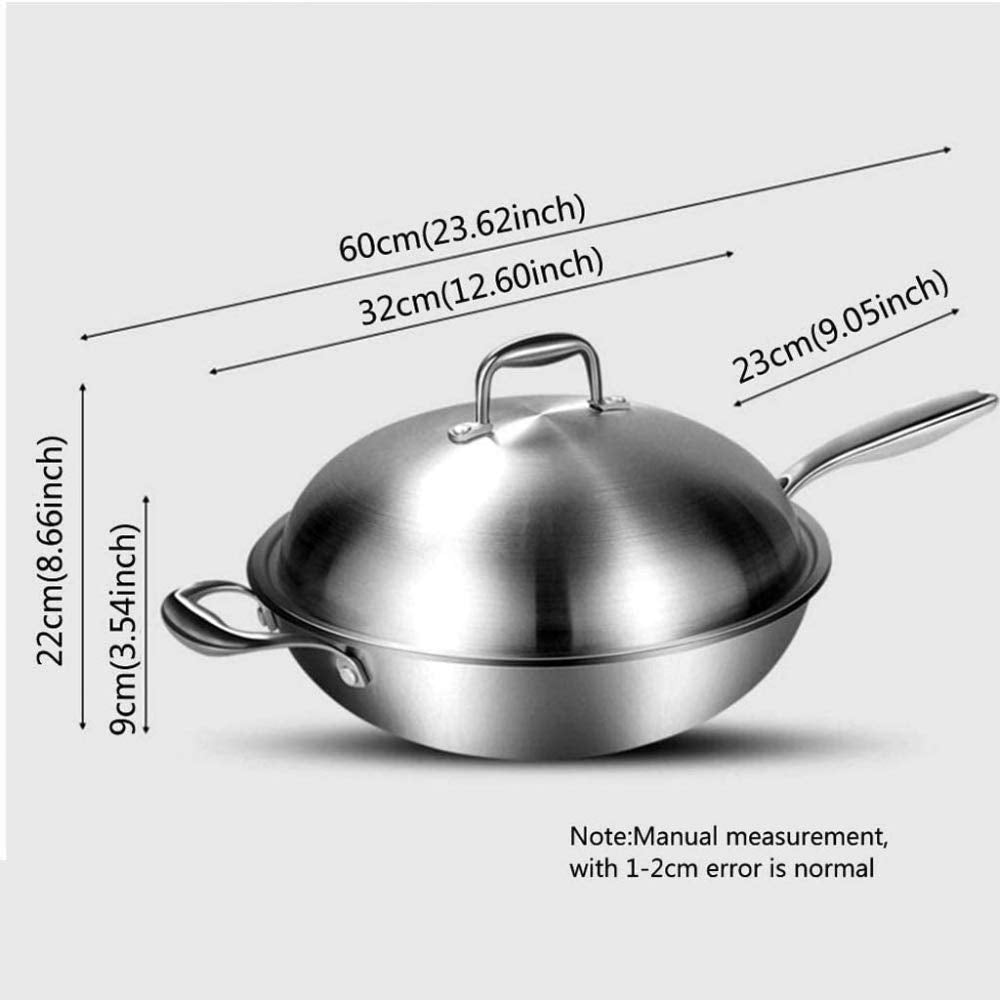 Wok With Lid, Professional 3-Ply Stainless Steel Chef's Pan with Lid,Fume-free Wok,suitable for Electric, Ceramic, Halogen, Gas and Induction Hobs, 32cm