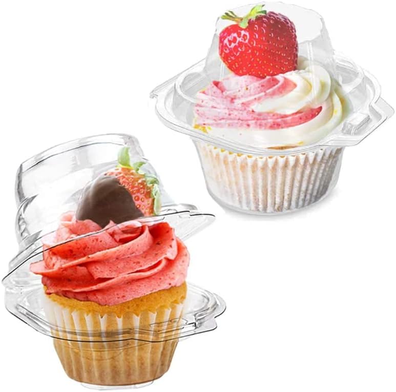 50 Pcs Cupcake Boxes Plastic Individual Cupcake Containers Single Cupcake Carrier with Connected Airtight Dome Lid for Party