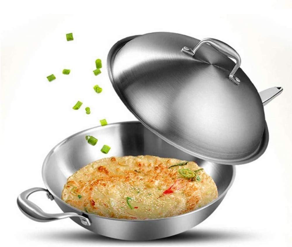Wok With Lid, Professional 3-Ply Stainless Steel Chef's Pan with Lid,Fume-free Wok,suitable for Electric, Ceramic, Halogen, Gas and Induction Hobs, 32cm