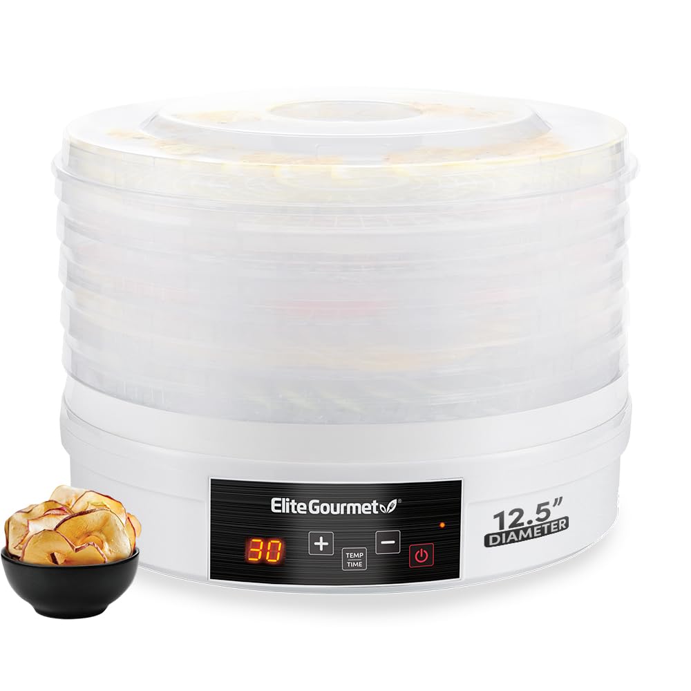 Цифрова дегідраторка для харчових продуктів Elite Gourmet EFD770WD з 5 лотками 12,5 дюйма без бісфенолу А, регульованим 48-годинним таймером та температурою від 95 до 158°F, для в'яленого м'яса, трав, фруктів, овочів, сухих снеків, білого кольору