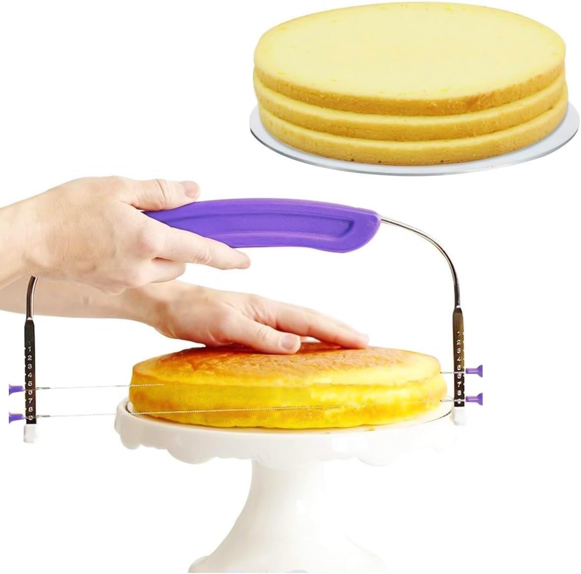 Adjustable 2- wire Cake Slicer Leveler Small Cake Cutter Slicer for Leveling Tops of Layer Cakes Professional Baking Tool with Stainless Steel Wires and Purple Handle By Prokitchen