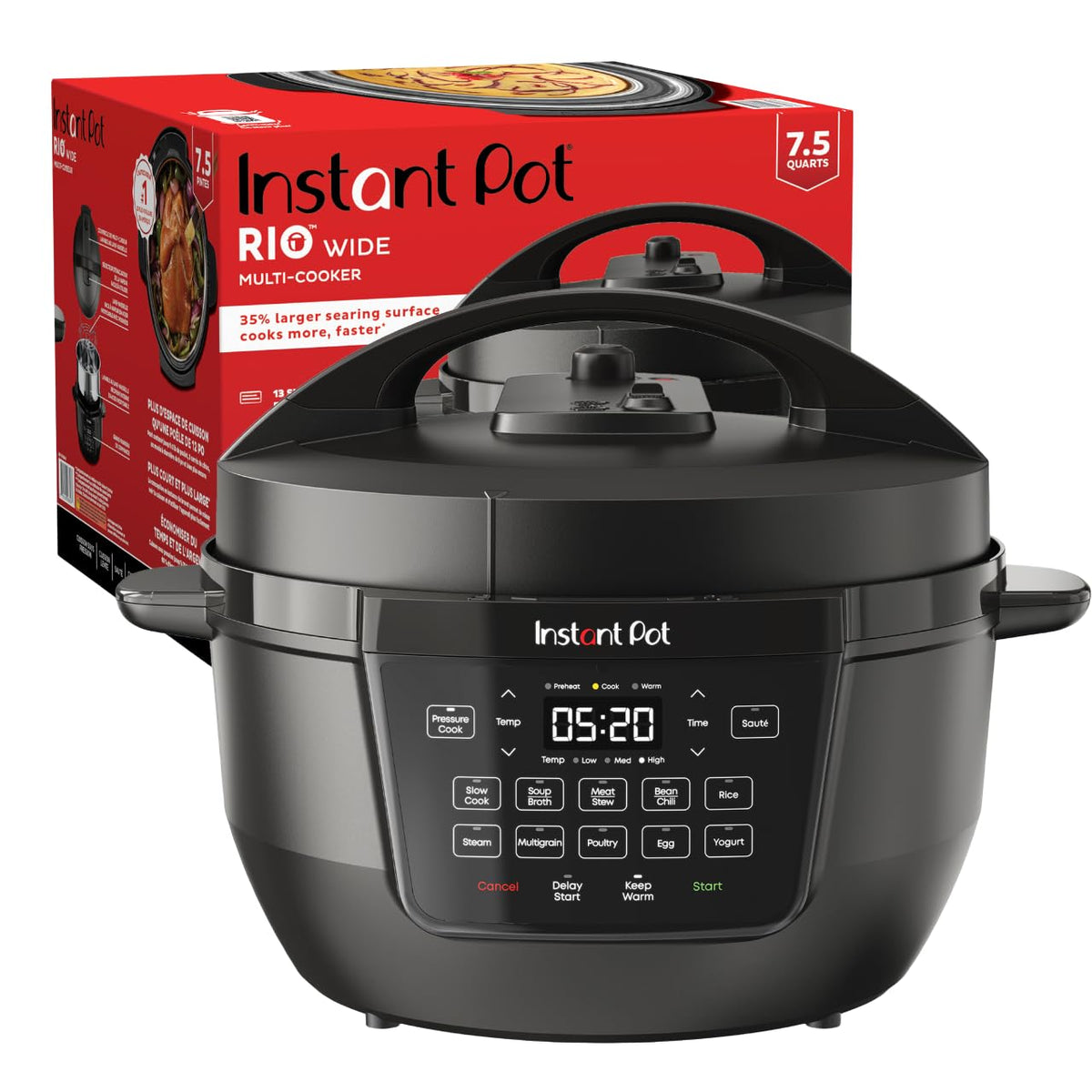 Мультиварка Instant Pot RIO з широким дном, 7,5 кварти, велике дно для обсмажування, тихе вивільнення пари, електрична мультиварка 7-в-1, скороварка, мультиварка, рисоварка, пароварка, смаження, йогурт та підігрівач