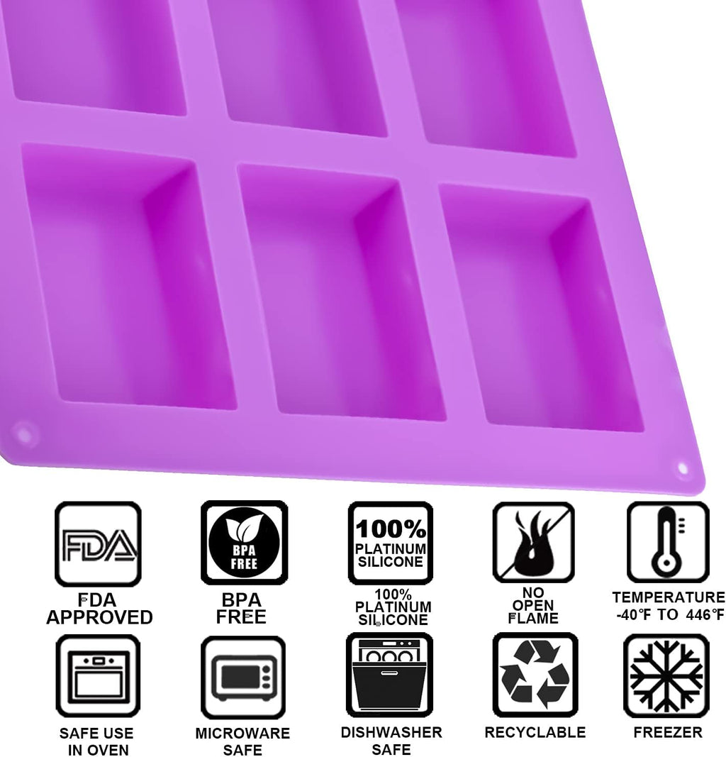 3 Pack Silicone Soap Molds, 6 Cavities Rectangle Silicone Mold, Great for Homemade Craft Soap Mold, Chocolate, Cake Molds ＆ Ice Cube Tray - Just Pop Out（Pink & Blue & Purple）