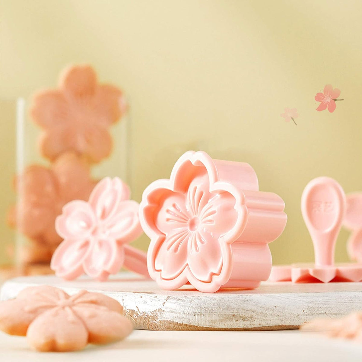 Cookie Press, 4 Styles Cookie Stamps Cherry Blossom Cookie Cutters Mold for Flower Cookies Pastry Accessories (Pink)