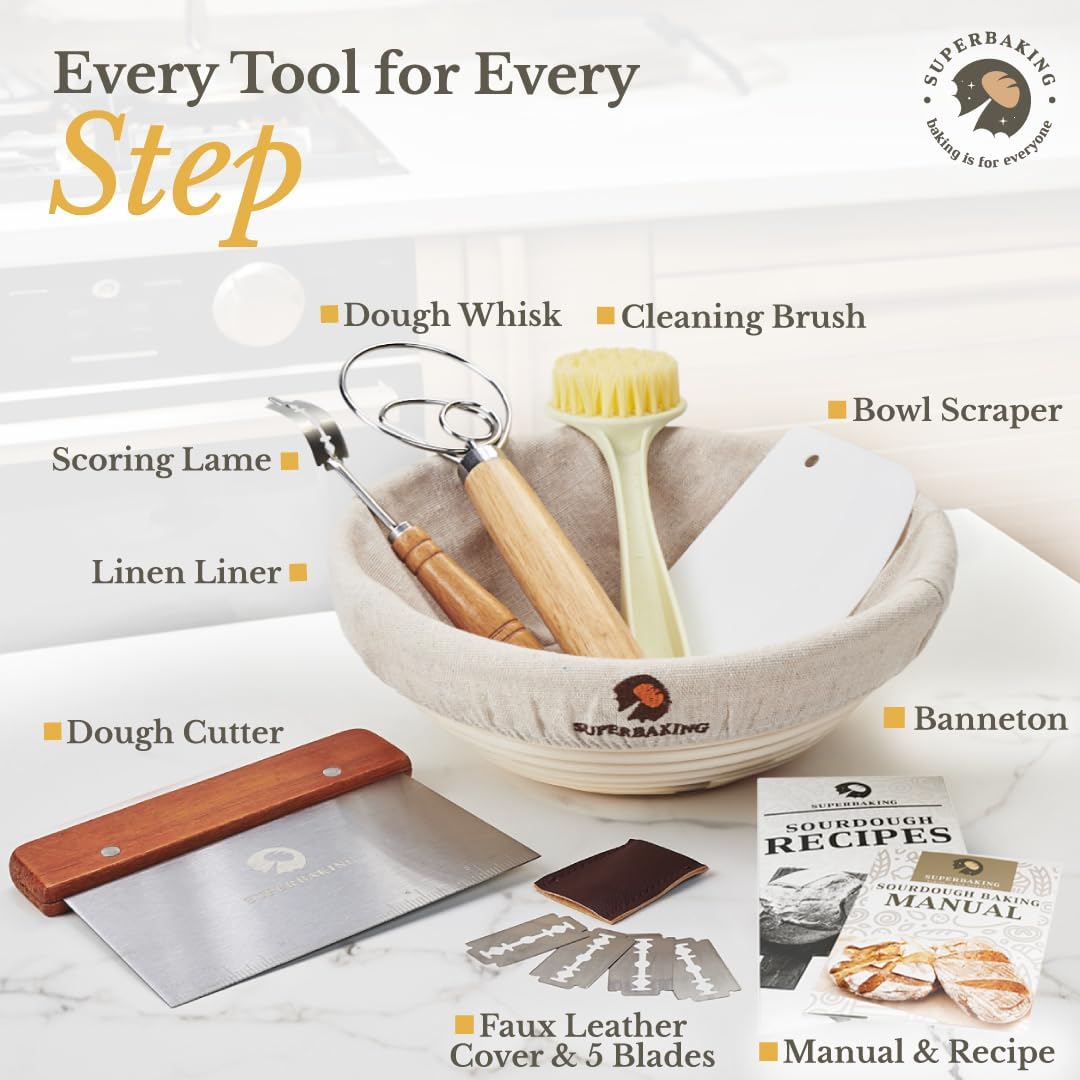 Superbaking Banneton Bread Proofing Basket, Sourdough Bread Baking Supplies, Round 9 Inch Sourdough Starter Kit, Proofing Basket for Baking, Bread Making Supplies Tools, Banneton Basket Gift Set