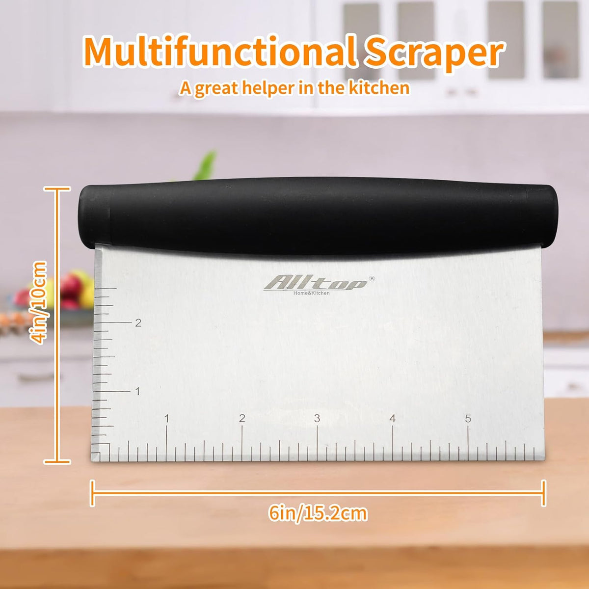ALLTOP Bench Scraper & Chopper for Kitchen - Ideal Baking Essential Utensil,Stainless Steel Pastry/Dough/Food Cutter Tool for Cake Pizza Bread,Cooking - 1 Pack,Black
