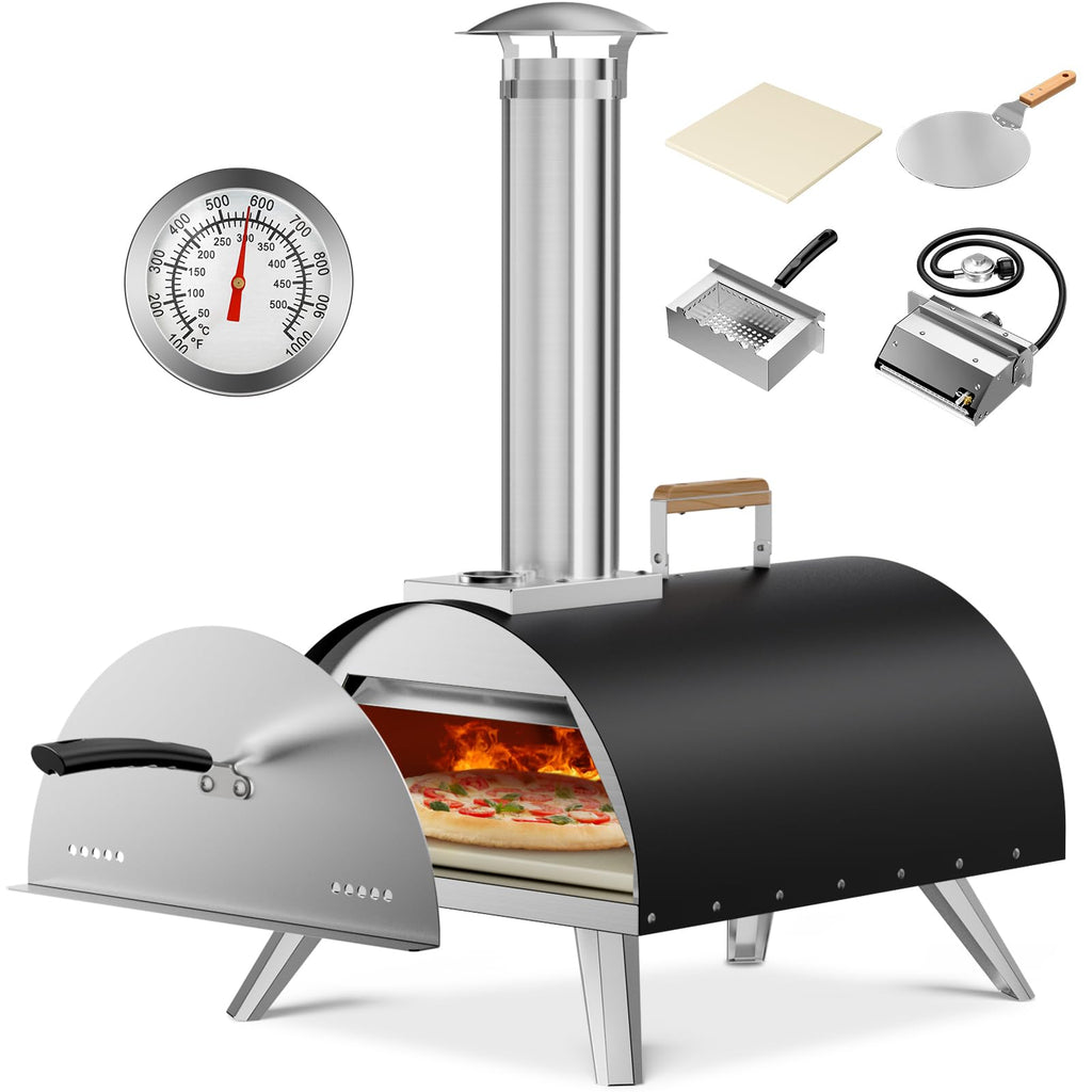Wielopaliwowy piec do pizzy na zewnątrz, 12-calowy przenośny piec do pizzy opalany drewnem i gazem z termometrem, wężem gazowym i kamieniem do pizzy, nagrzewa się do 1000°F, piec do pizzy ze stali nierdzewnej do ogrodu lub na kemping (czarny)