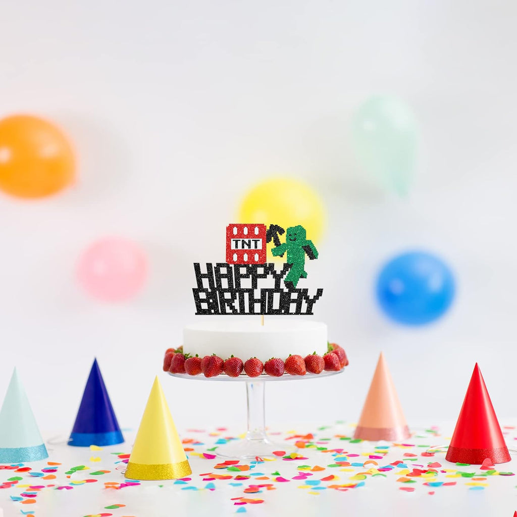 Happy Birthday Cake Topper, Pixel Style Cake Picks Decorations, Block Video Game Themed Cake Topper for Kids Boy and Girl, Black